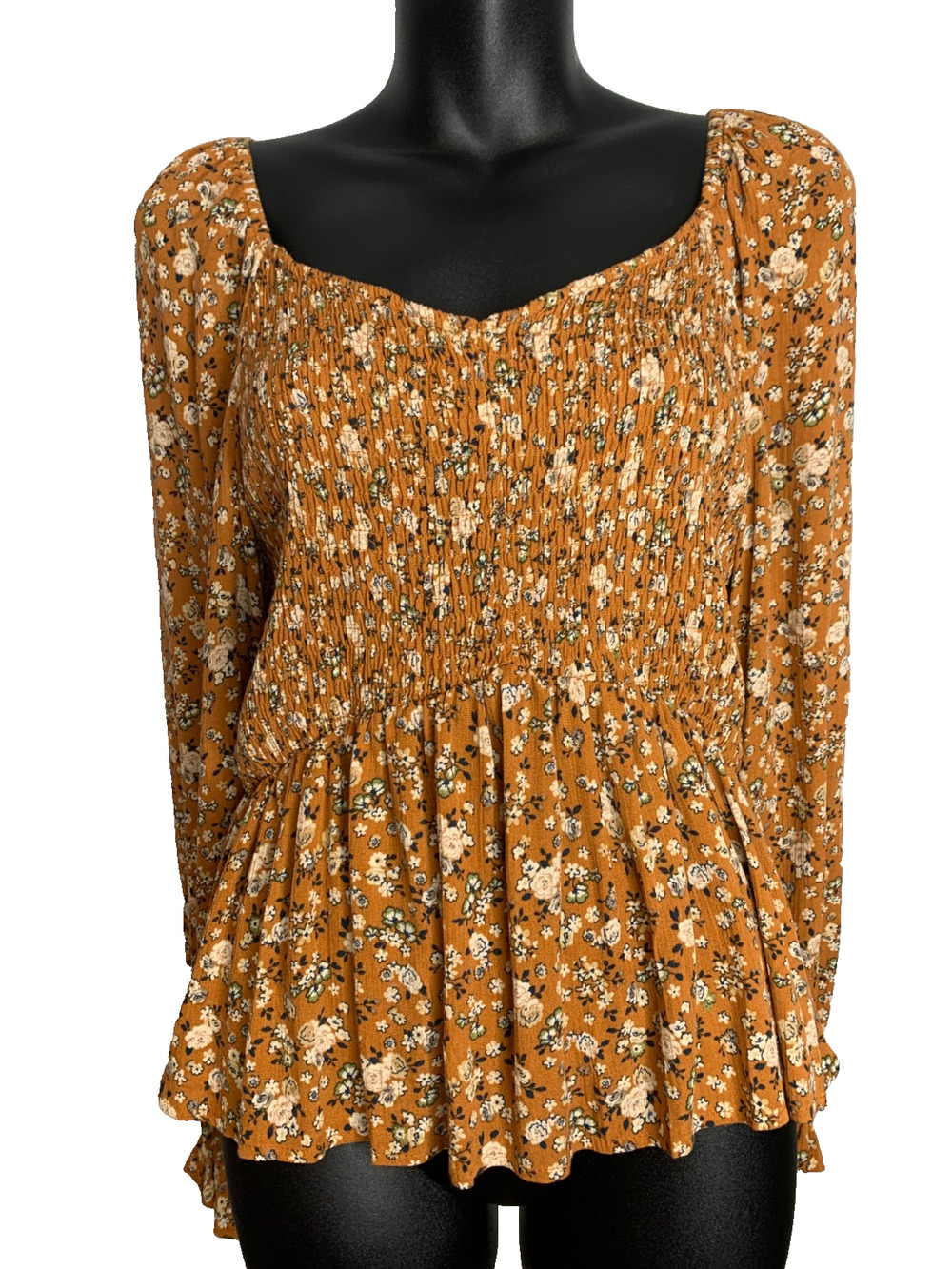 Newbury Kustom Women's Large Smocked Babydoll Floral Bohemian Shirt